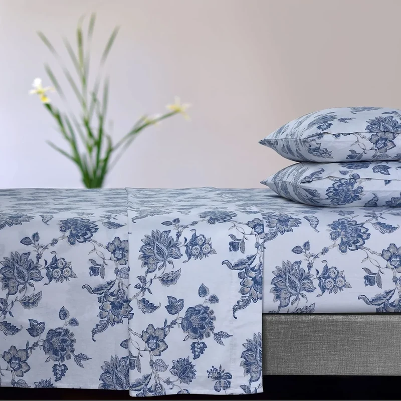 Tribeca Living Ultra-Soft Flannel Sheet Set, 170-GSM Cotton, Deep Pocket, Cozy Winter Bedding - Queen, Floral Deep Blue