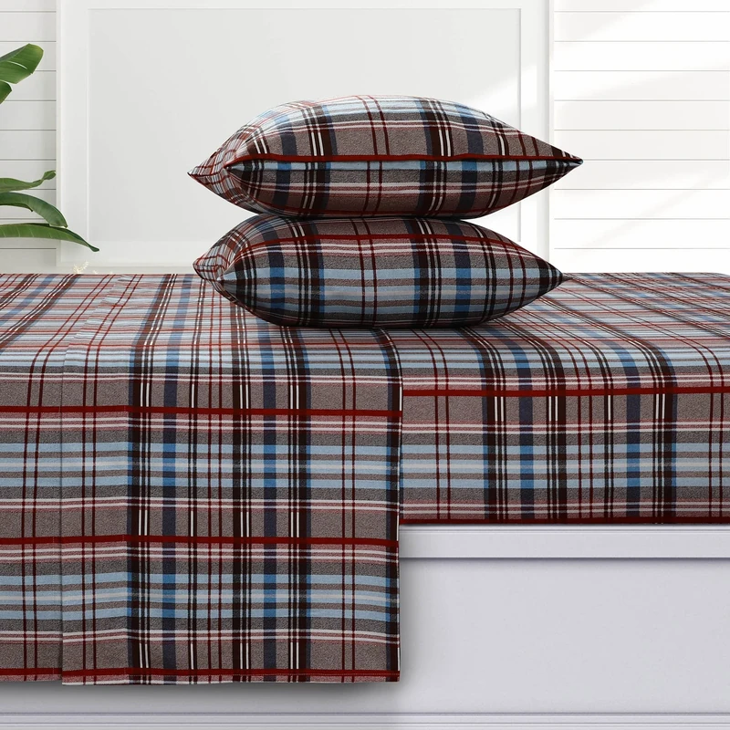Tribeca Living Brentwood Plaid Flannel King Sheet Set, Super Soft 100% Cotton, Extra Deep Pockets, Brown