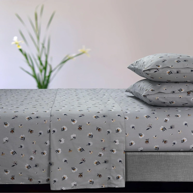 Tribeca Living Floryn 170-GSM Ultra-Soft Flannel Extra Deep Pocket Sheet Set, Oversized Flat, Twin XL Grey, (FLORYNSHETWXGR)