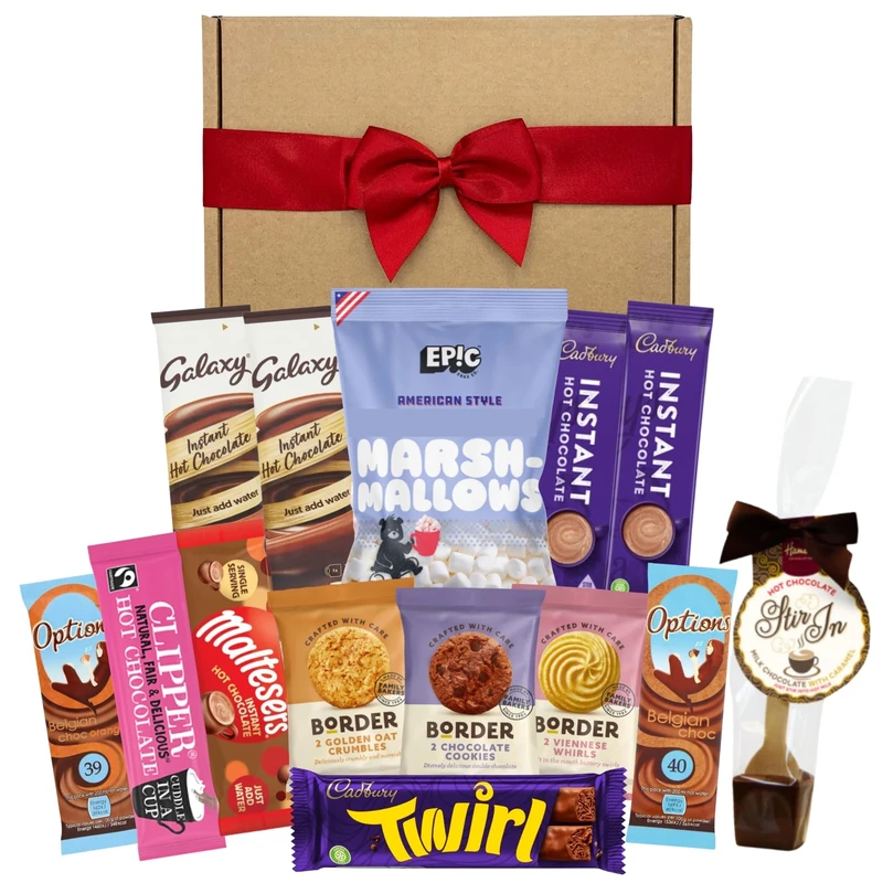 Hot Chocolate Gift Set Bundle With x8 Hot Chocolate Sachets, Mini Marshmallows, Hot Chocolate Stirrer, Border Biscuits and Cadbury Twirl Chocolate Bar