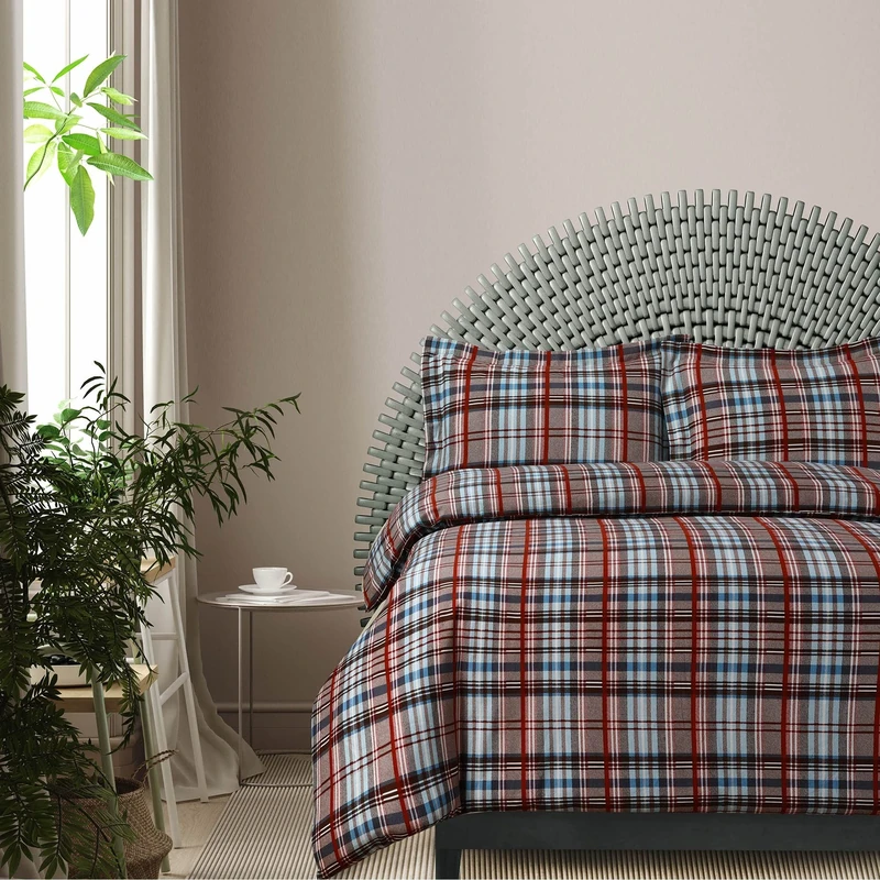 AZORES HOME Cotton Flannel Queen Duvet Cover Set, Oversized, Wrinkle Resistant, Soft Touch, Includes One Duvet Cover and Two Sham Pillowcases, 170GSM, Brentwood Plaid/Brown
