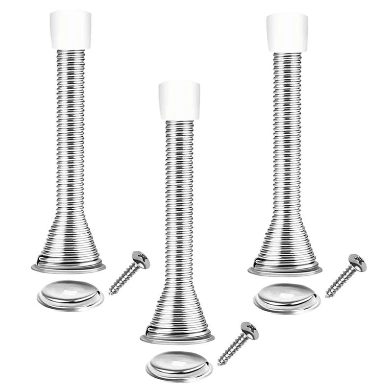 3pcs Spring Door Stops, Bendable Metal Door Stoppers with Anti-Slip Rubber Heads Screws Base, Long Door Springs for Protect Walls and Doors
