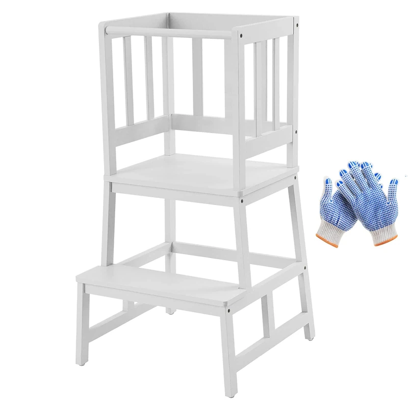 COSYLAND Kitchen Nursery Step Stool for Kids - Toddlers Standing Tower for Kitchen Counter - Mothers' Helper Kids Learning Stool,Made of Natural Solid Bamboo (White）