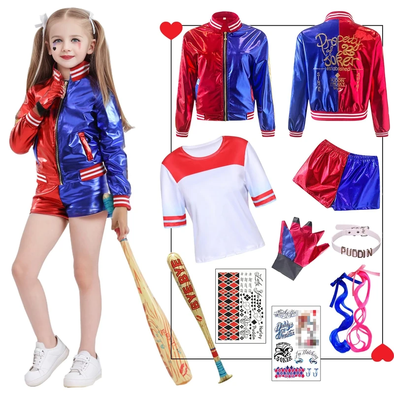Amycute Quinn Cosplay Costumes for Adults, Girls Villain Suicide Costume Kit Includes Jacket, T-Shirt, Shorts and Gloves for Halloween, Carnival, Cosplay (140 (135-145 cm)
