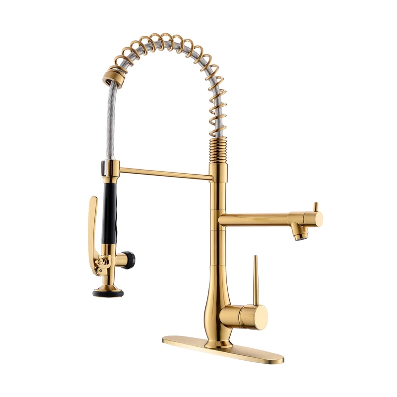 GIMILI Gold Kitchen Faucet with Pull Down Sprayer, Single Handle High Pressure Kitchen Sink Faucet, Commercial Double-Headed Stainless Steel Kitchen Faucets, Brushed Gold