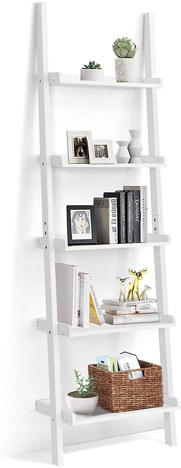 OFFICEJOY Ladder Shelf, 5-Tier Wall-Leaning Bookshelf, Rustic Wood Ladder, Storage Rack Shelves, Multipurpose Organizer Rack for Living Room, Bathroom, Office (White)
