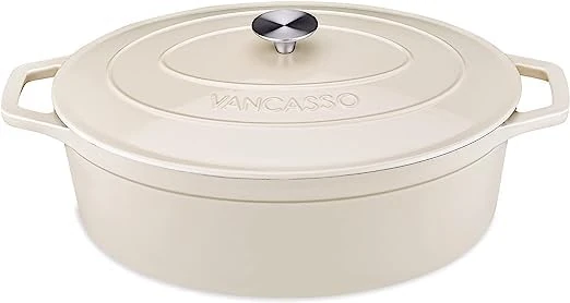 vancasso Dutch Oven 8 Liters, Oval Cast Iron Pot with Double Loop Handle, Naturally Non-Stick Heavy Duty Cast Iron Dutch Oven for Home Baking, Braiser, Cooking - 37cm