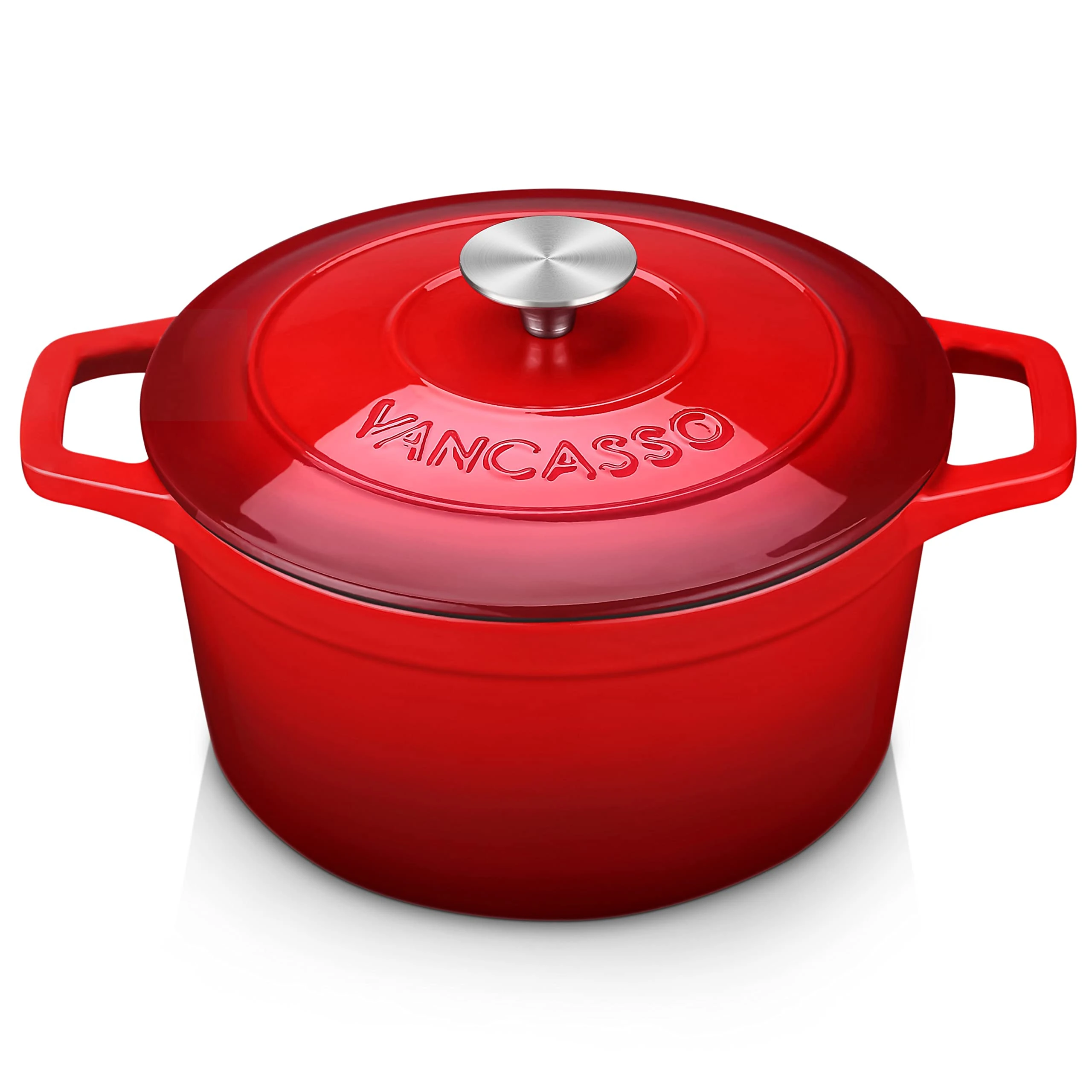 vancasso Dutch Oven, 24cm/4 Liters Classic Round Cast Iron Pot, with Stainless Steel Knob Lid Heavy Duty Enameled Cast Iron Casserole for Steam Braise Bake Broil Saute Roast - Red