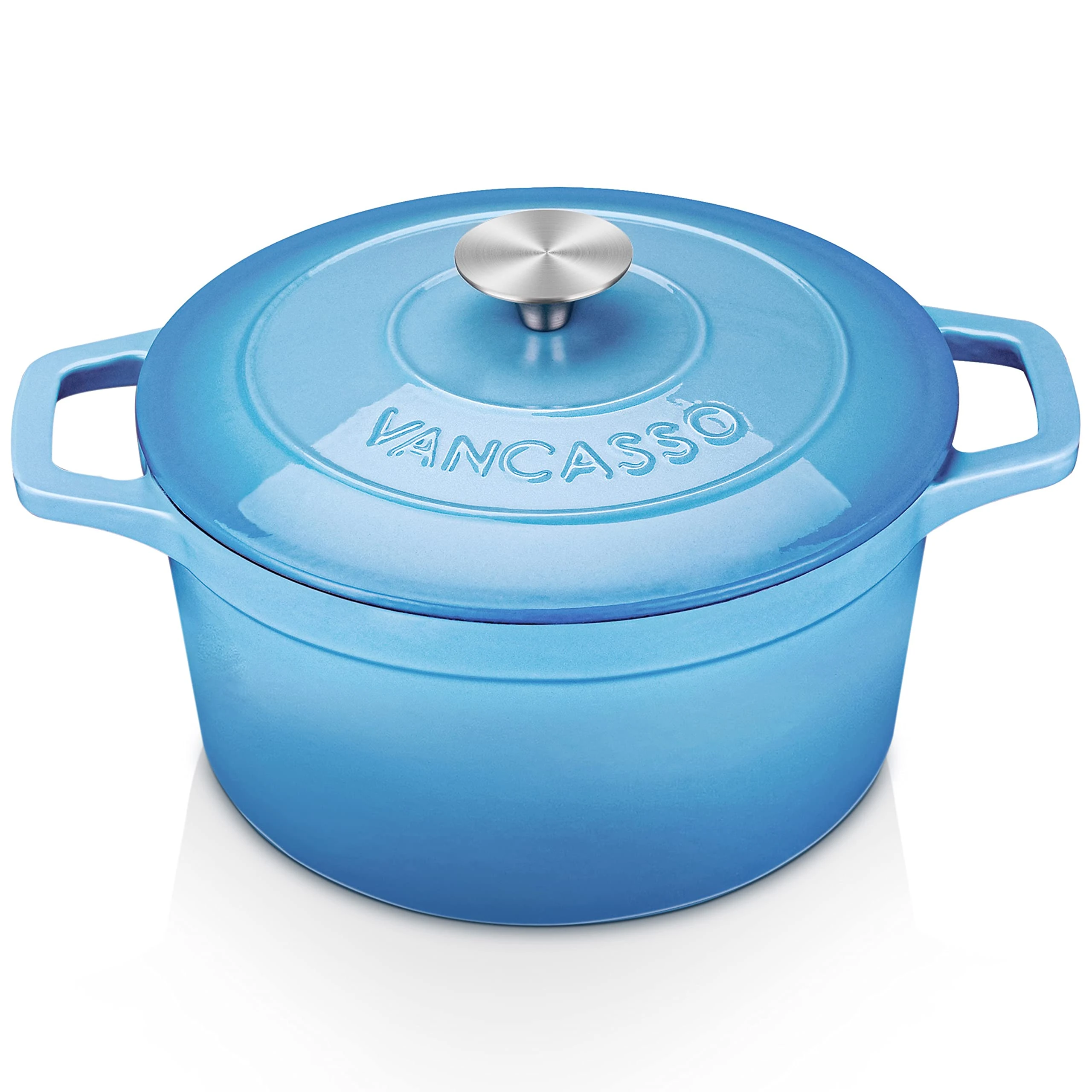 vancasso Cast Iron Pot, 4 Liters Blue Round Naturally Non-Stick Dutch Oven Cast Iron, with Stainless Steel Knob Lid Heavy Duty Enameled Casserole Dish for All Stovetops Compatible - 24cm