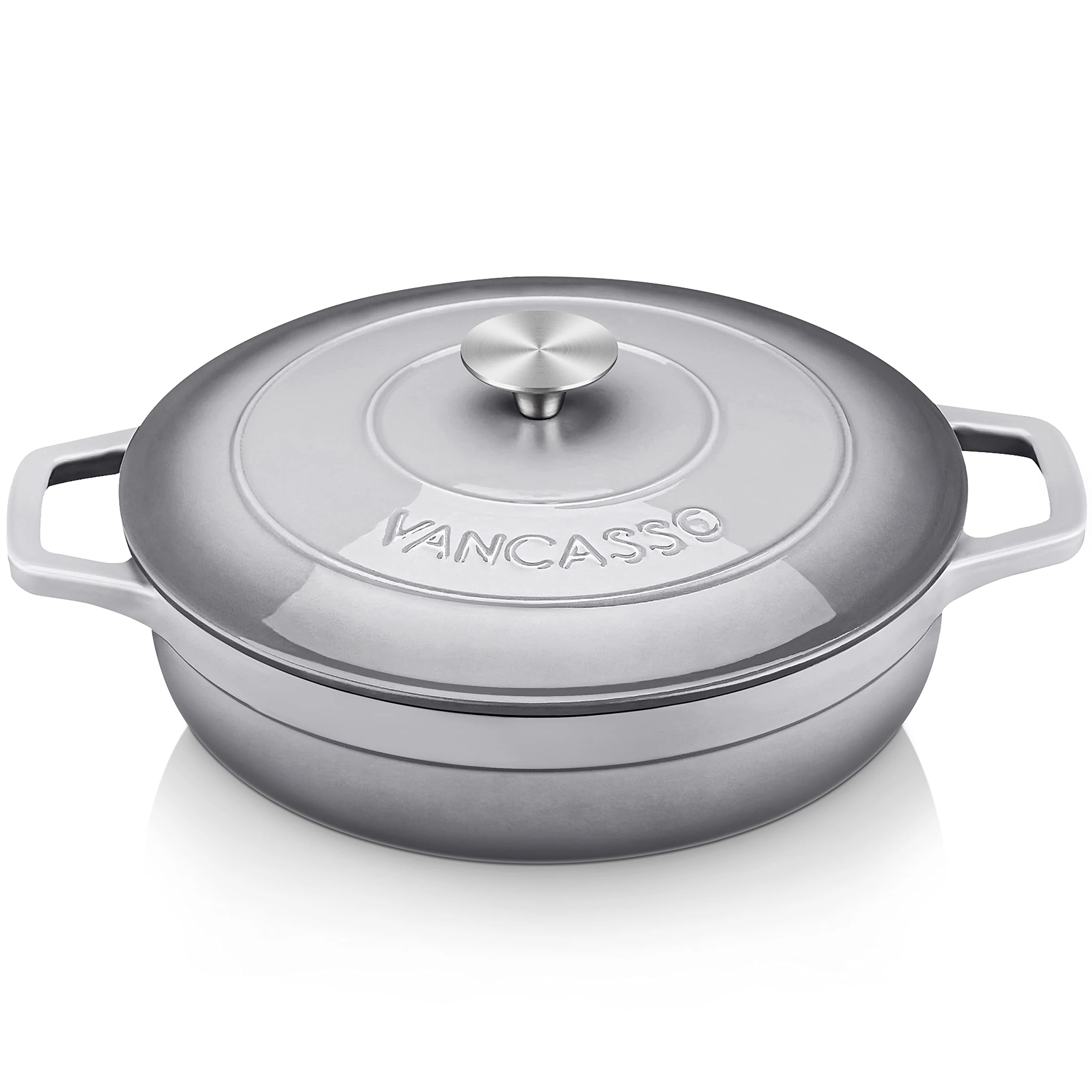 vancasso Cast Iron Casserole Pot 3L, Grey Shallow Casserole Dish with Lids and Double Loop Handle, Naturally Non-Stick Enamelled Cast Iron Dutch Oven, for All Stovetops Compatible - 28cm