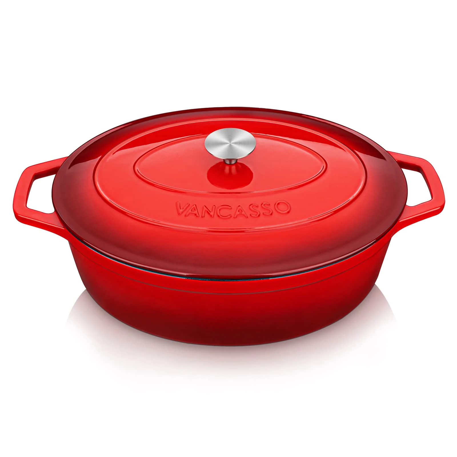 vancasso Cast Iron Pot, 8 Liters Oval Enamelled Dutch Oven with Lid, Naturally Non-Stick Slow Cook Cast Iron Casserole Pot, Graduated Red Exterior with Cream Interior - 37cm