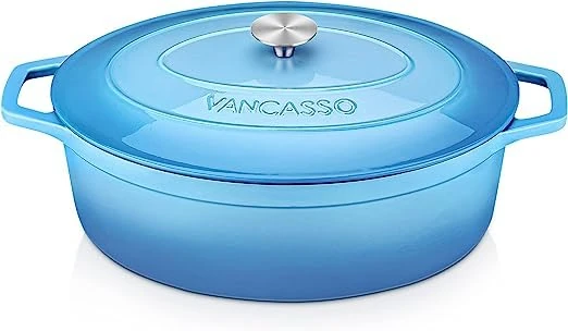 vancasso Casserole Dish, 37cm Oval Cast Iron Dutch Oven with Dual Handles and Lid, 8 Liters Naturally Non-Stick Enamelled Coated Cast Iron Pot Suitable for All Stovetops Compatible - Blue