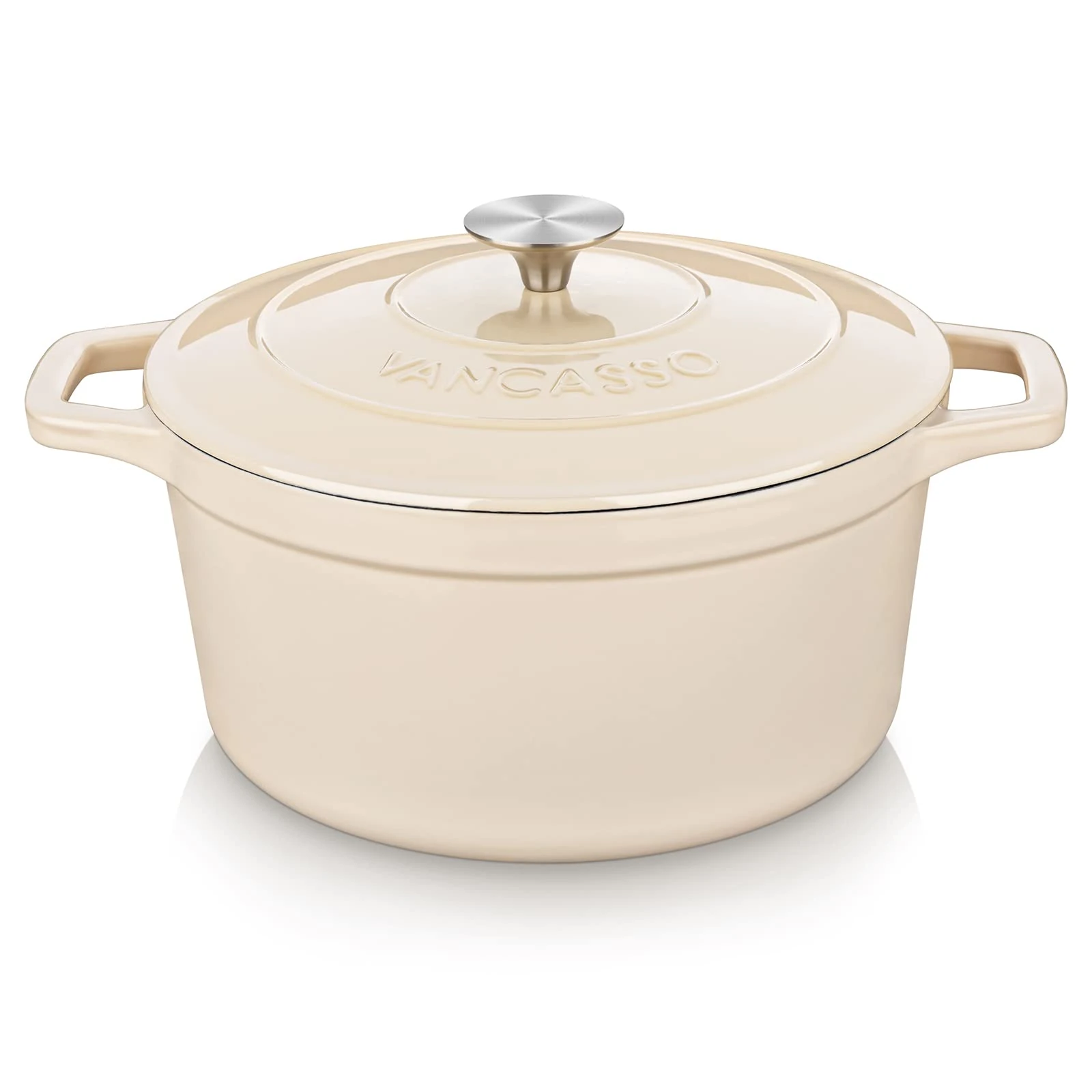 Vancasso Cast Iron Pot, 5 Liters Cream Round Casserole With Stainless Steel Knob Lid - Enameled Dutch Oven for All Hob Types, 26cm