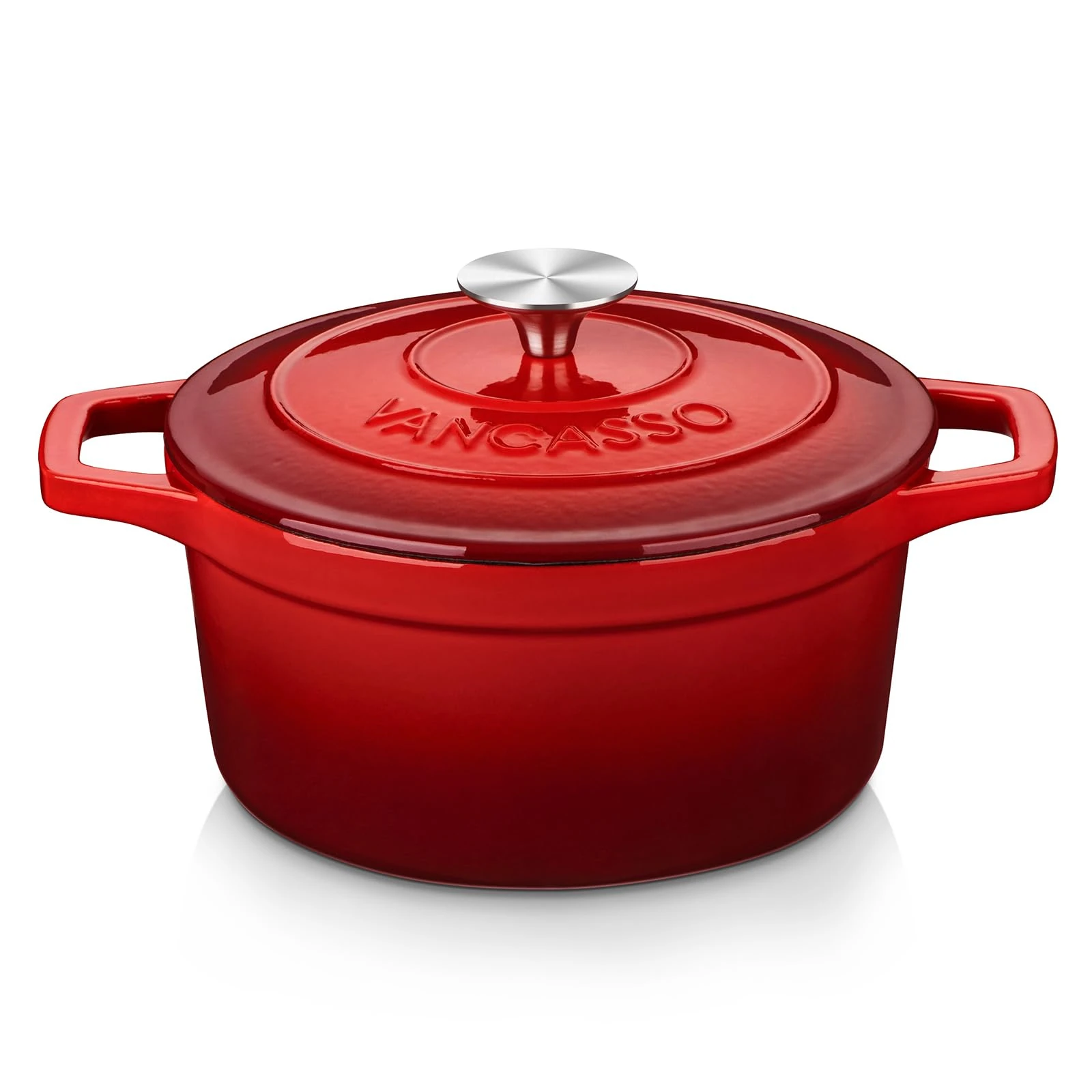vancasso Cast Iron Pot, 3L Red Naturally Non-Stick Enameled Dutch Oven Cookware, with Stainless Steel Knob Lid Cast Iron Casserole for Steam Braise Bake Broil Saute Simmer Roast - 22cm