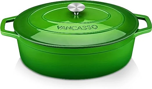 vancasso Cast Iron Pot, 8 Liters Green Oval Enamelled Casserole Dish with Double Loop Handle, Naturally Non-Stick Cast Iron Dutch Oven for Home Baking, Braiser, Cooking - 37cm