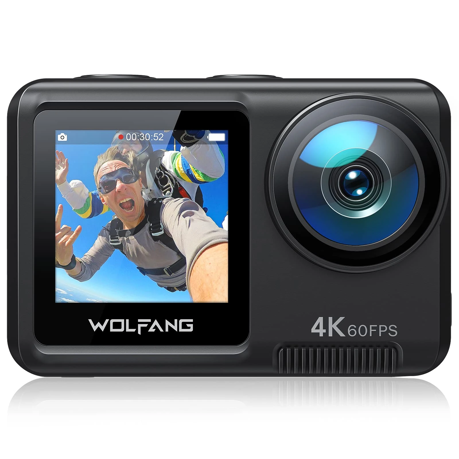 WOLFANG GA420 Dual Screen Action Camera 4K 60FPS 24MP Touchscreen Underwater Camera, 10M Body Waterproof/40M Waterproof Helmet Bike Camera with EIS, Remote Control, 2x1350mAh Batteries, Accessory Kit