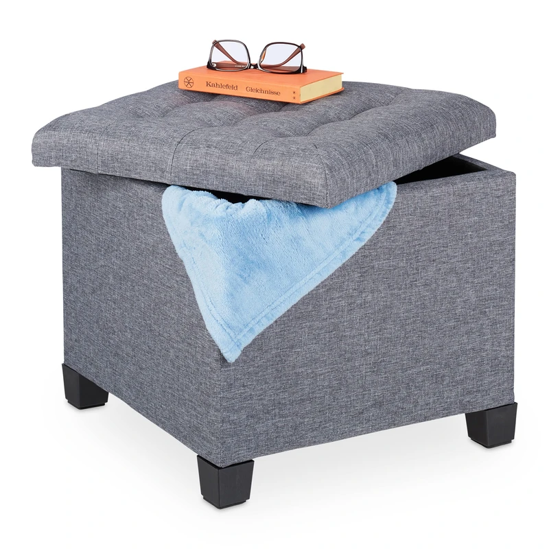 Relaxdays Seat Stool with Storage Space, Ottoman, Foam Padding, Fabric Cover, Footstool, HxWxD: 42 x 45 x 45 cm, Grey, Fibreboard