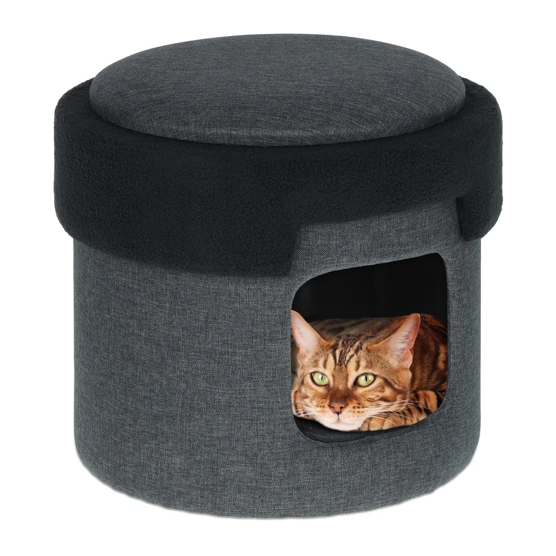 Relaxdays Cat Stool, 2-in-1 Stool & Pet Cave, H x D: 36 x 40 cm, Cats & Small Dogs, Reversible Lid, Grey