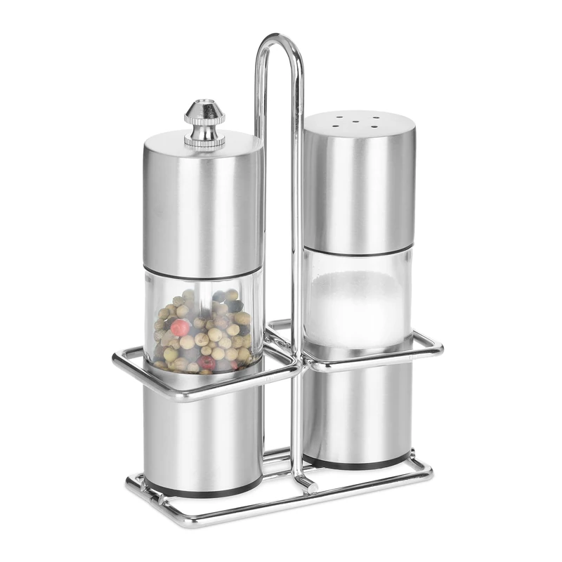 Relaxdays, Spice Shaker, Set of 2, Stainless Steel Stand, Salt, Pepper Mill Grinder, Silver, 15 x 5 x 10 cm