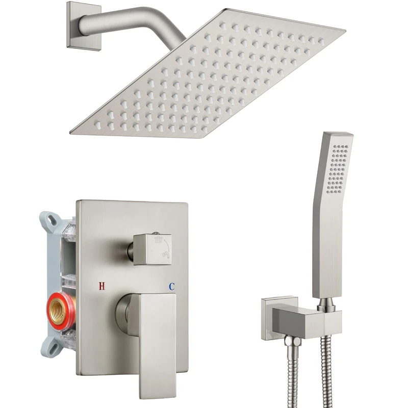 gotonovo Rainfall Bathroom Shower System Rain Shower Head and Handle Set Wall Mounted Shower Complete Combo Solid Brass Pressure Balancing Shower Mixer Valve 8 Inch Brushed Nickel