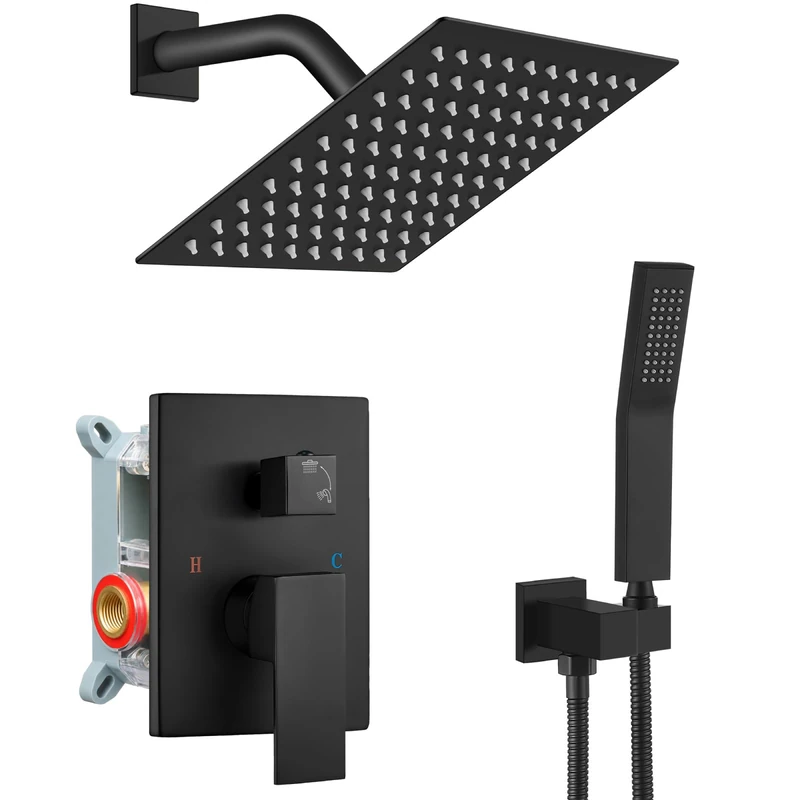 gotonovo Rainfall Bathroom Shower System Rain Shower Head and Handle Set Wall Mounted Shower Complete Combo Solid Brass Pressure Balancing Shower Mixer Valve 8 Inch Matte Black