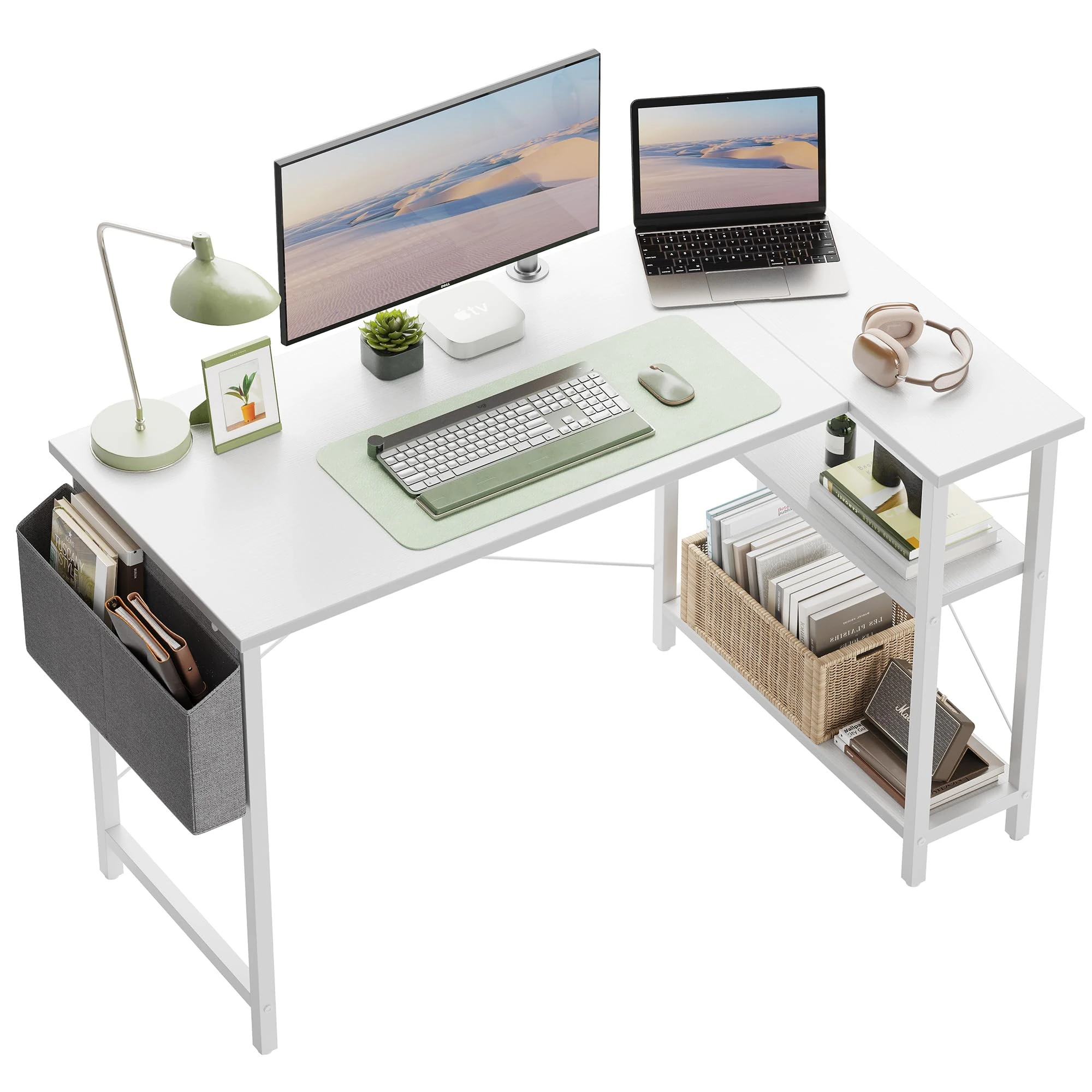 CubiCubi 100 cm Small L Shaped Computer Desk with Storage Shelves Home Office Corner Desk Study Writing Table, White