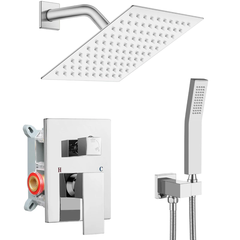 gotonovo Rainfall Bathroom Shower System Rain Shower Head and Handle Set Wall Mounted Shower Complete Combo Solid Brass Pressure Balancing Shower Mixer Valve 8 Inch Polished Chrome