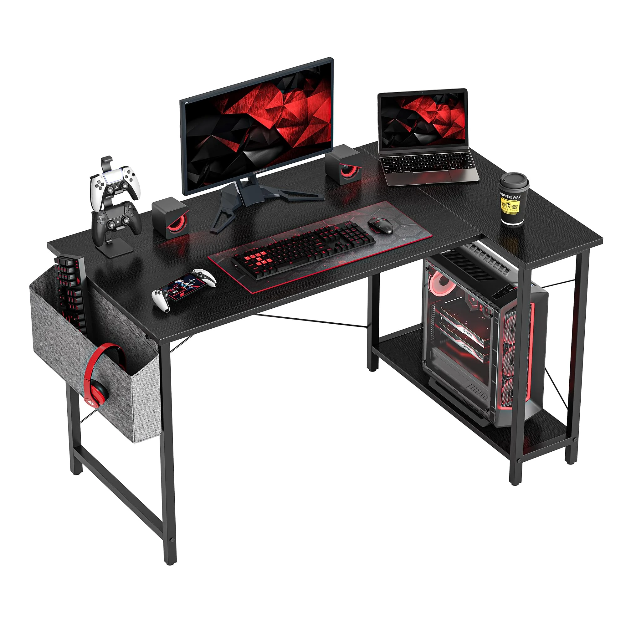 CubiCubi L Shaped Gaming Desk, 100x70 cm Computer Desk with Storage Bag, Office Desk Writing Table with Large Reversible Storage Shelves, Workstation for Study Play Work Home Office, Black