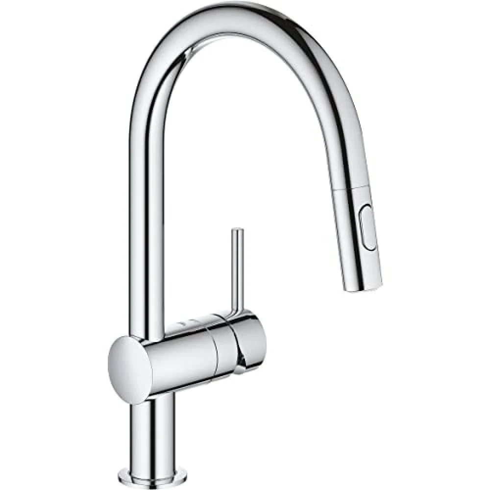 GROHE Minta – Kitchen Sink Pull-Out Dual Spray Mixer Tap (High C-Spout, 360° Swivel Range, 46 mm Ceramic Cartridge, Min. Recommended Pressure 1.0 Bar, Tails 1/2 Inch), Size 379 mm, Chrome, 31862000