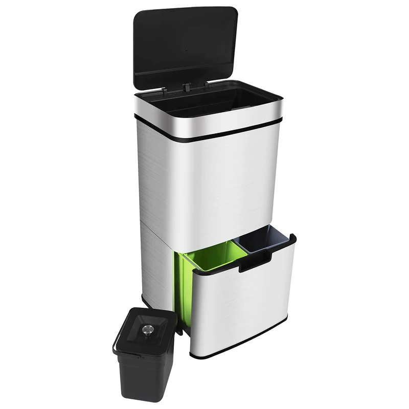 Ribelli Stainless Steel - Waste Separation Systems with 3 + 1 Compartments - Waste Bin with Sensor - 72 Litres (2 x 12 + 1 x 48 L) - Design Pedal Bin Made of Stainless Steel - Silver