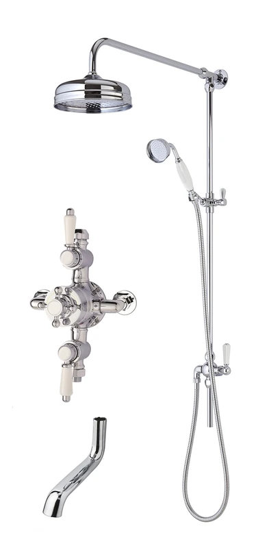 Nuie SBT143TR2 Bundle Traditional Bathroom Triple Exposed Thermostatic Valve, Round Rigid Riser Kit with Single Function Shower Head and Handset and Bath Spout, Chrome