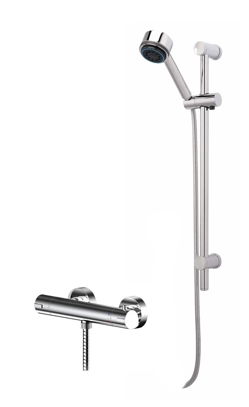 Nuie SBR66BV1 Shower Bundle Modern Bathroom Binsey Thermostatic Bar Valve with Bottom Outlet and Round Slide Rail Kit with Multi-Function Handset, Chrome