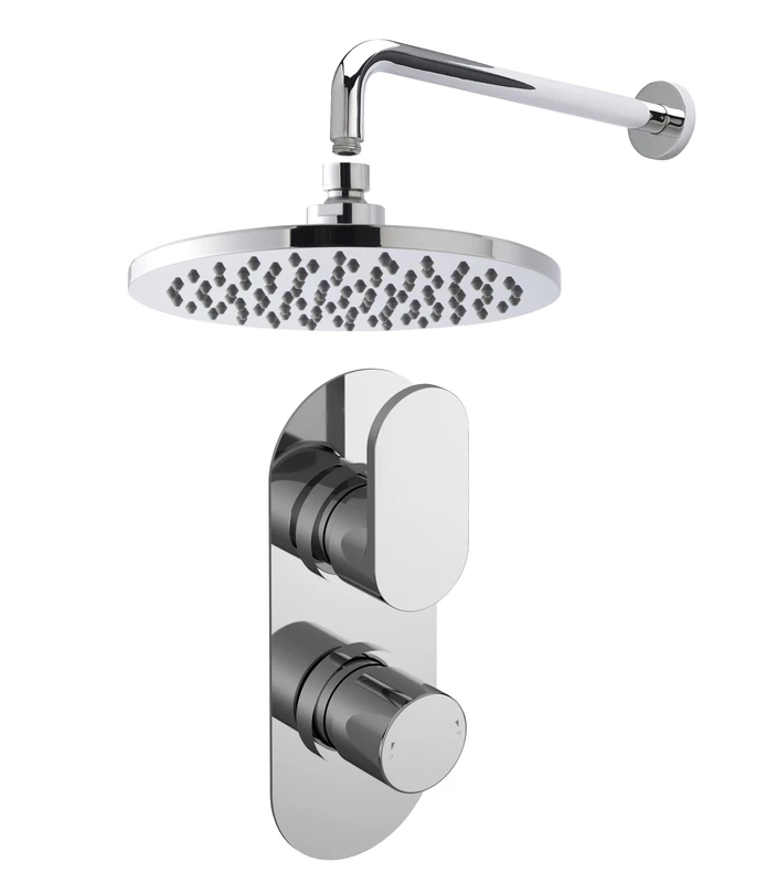 Nuie SBR13TW1 Bundle Modern Bathroom Twin Thermostatic Binsey Valve Wall Mounted Arm and Round Fixed Shower Head, Chrome