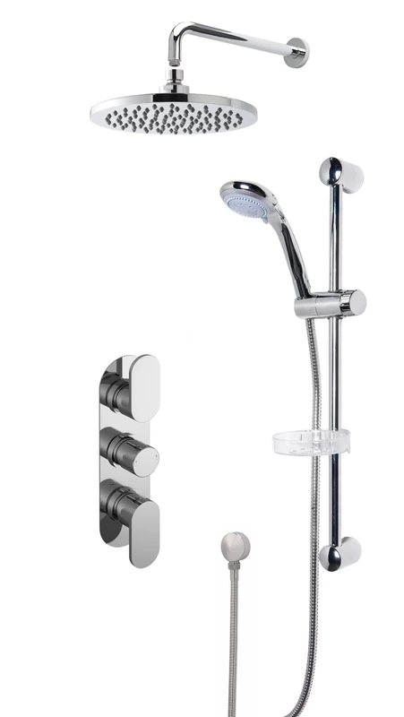 Nuie SBR22TR2 Bundle Modern Bathroom Triple Thermostatic Binsey Valve with Curved Slide Rail Kit and Outlet Elbow, Round Wall Mounted Arm and Fixed Shower Head, Chrome
