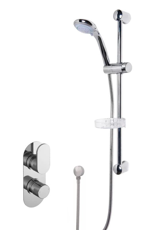 Nuie SBR12TW1 Bundle Modern Bathroom Twin Thermostatic Binsey Shower Valve with Curved Slide Rail Kit and Round Outlet Elbow, Chrome