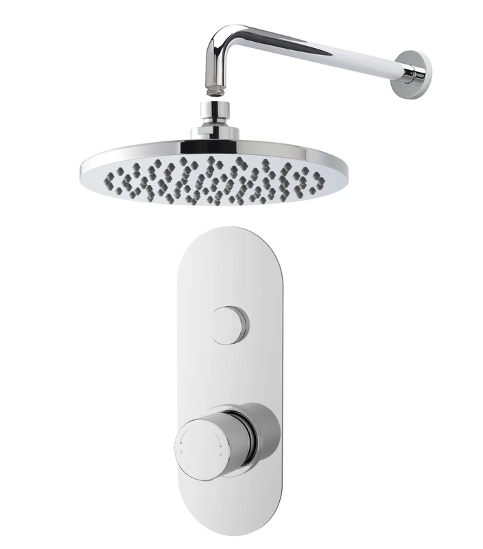 Nuie SBR11TW1 Bundle Modern Bathroom Single Outlet Push Button Valve Wall Mounted Arm and Round Fixed Shower Head, Chrome