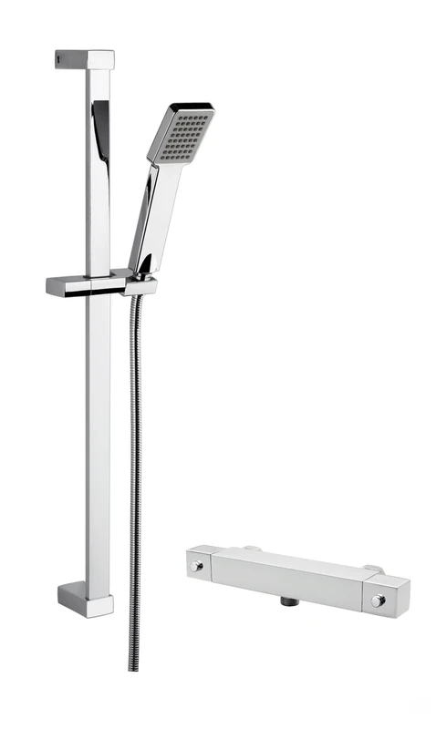 Nuie SBS68BV1 Shower Bundle Modern Bathroom Thermostatic Bar Valve with Bottom Outlet and Square Slide Rail Kit with Single Function Handset, Chrome