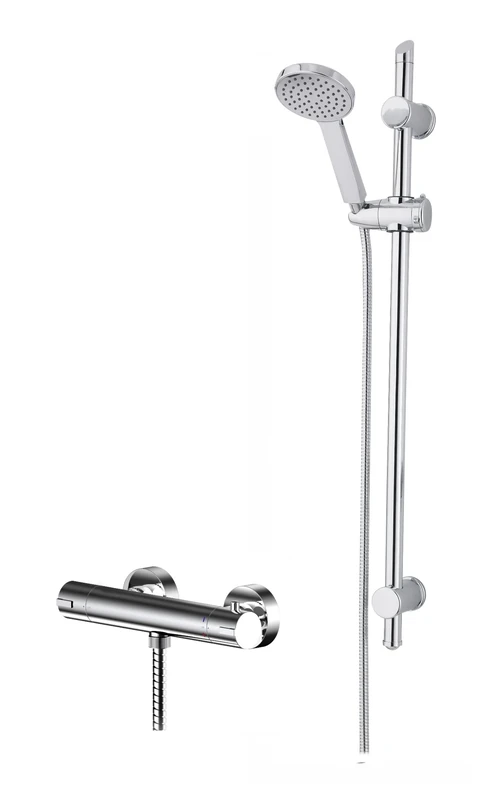 Nuie SBR67BV1 Shower Bundle Modern Bathroom Binsey Thermostatic Bar Valve with Bottom Outlet and Round Slide Rail Kit with Single Function Handset, Chrome