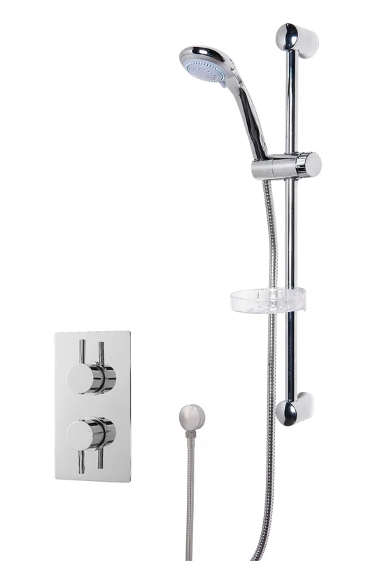 Nuie SBR08TW1 Bundle Modern Bathroom Twin Thermostatic Shower Valve with Curved Slide Rail Kit and Round Outlet Elbow, Chrome
