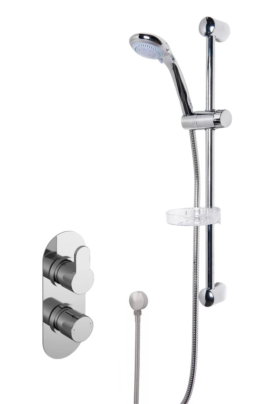 Nuie SBR14TW1 Bundle Modern Bathroom Twin Thermostatic Arvan Shower Valve with Curved Slide Rail Kit and Round Outlet Elbow, Chrome