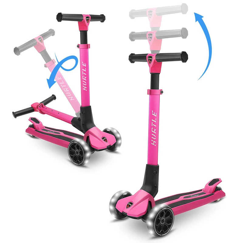 Hurtle Foldable Scooter for Kids Age 3+, 3-Wheels with Adjustable Handlebar up to 50 kg, Foldable Children's Scooter with LED Wheels & Non-Slip Deck, Aluminum City, Pink