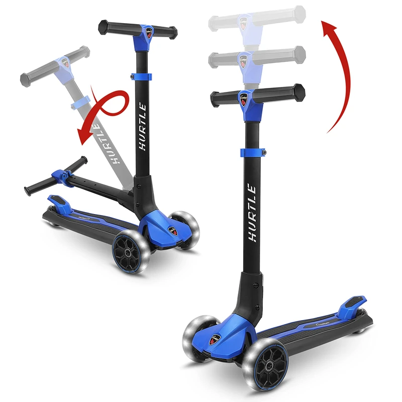 Hurtle 3 Wheeled Scooter for Kids - Foldable Stand Child Toddlers Toy Kick Scooters w/Built-in LED Wheel Lights, Anti-Slip Wide Deck, Adjustable Height, Great for Outdoor Fun Blue