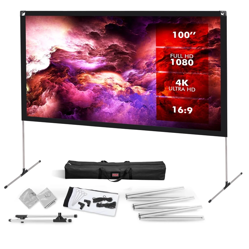 Pyle PRJOS100 Projector Screen with Stand - 100" 16:9 HD 4K Portable Lightweight Freestanding Foldable Indoor Outdoor Movie Projection Display with Frame for Home Theater