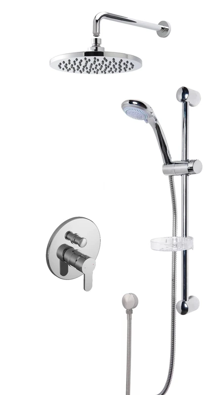 Nuie SBR16MV2 Bundle Modern Bathroom Concealed Manual Arvan Valve with Diverter, Curved Slide Rail Kit and Outlet Elbow, and Round Wall Mounted Arm and Fixed Shower Head, Chrome