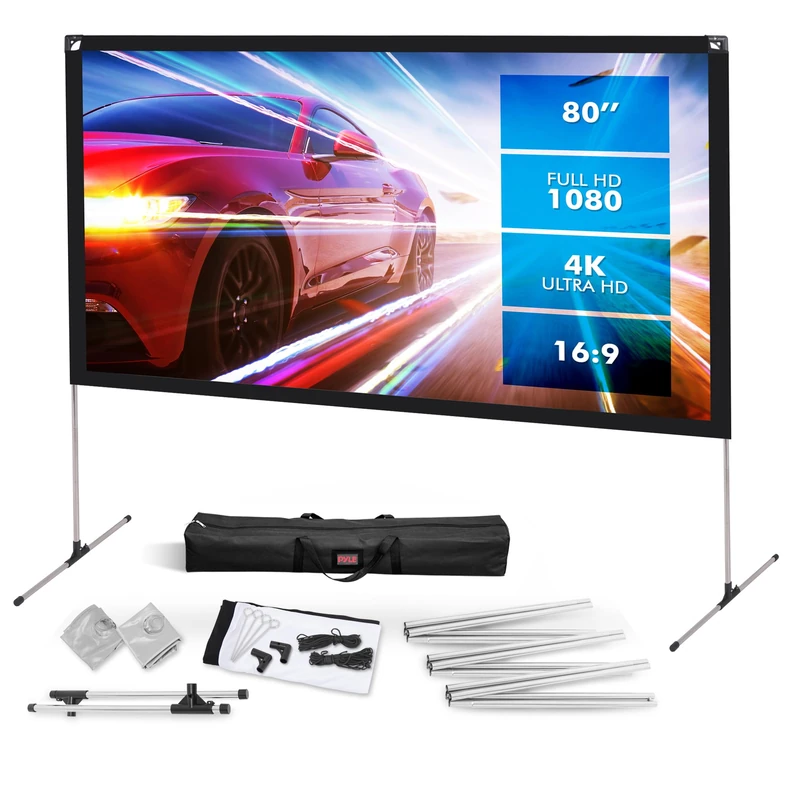 Pyle Projector Screen with Stand - 80" 16:9 HD 4K Portable Lightweight Freestanding Foldable Indoor Outdoor Movie Projection Display with Frame for Home Theater