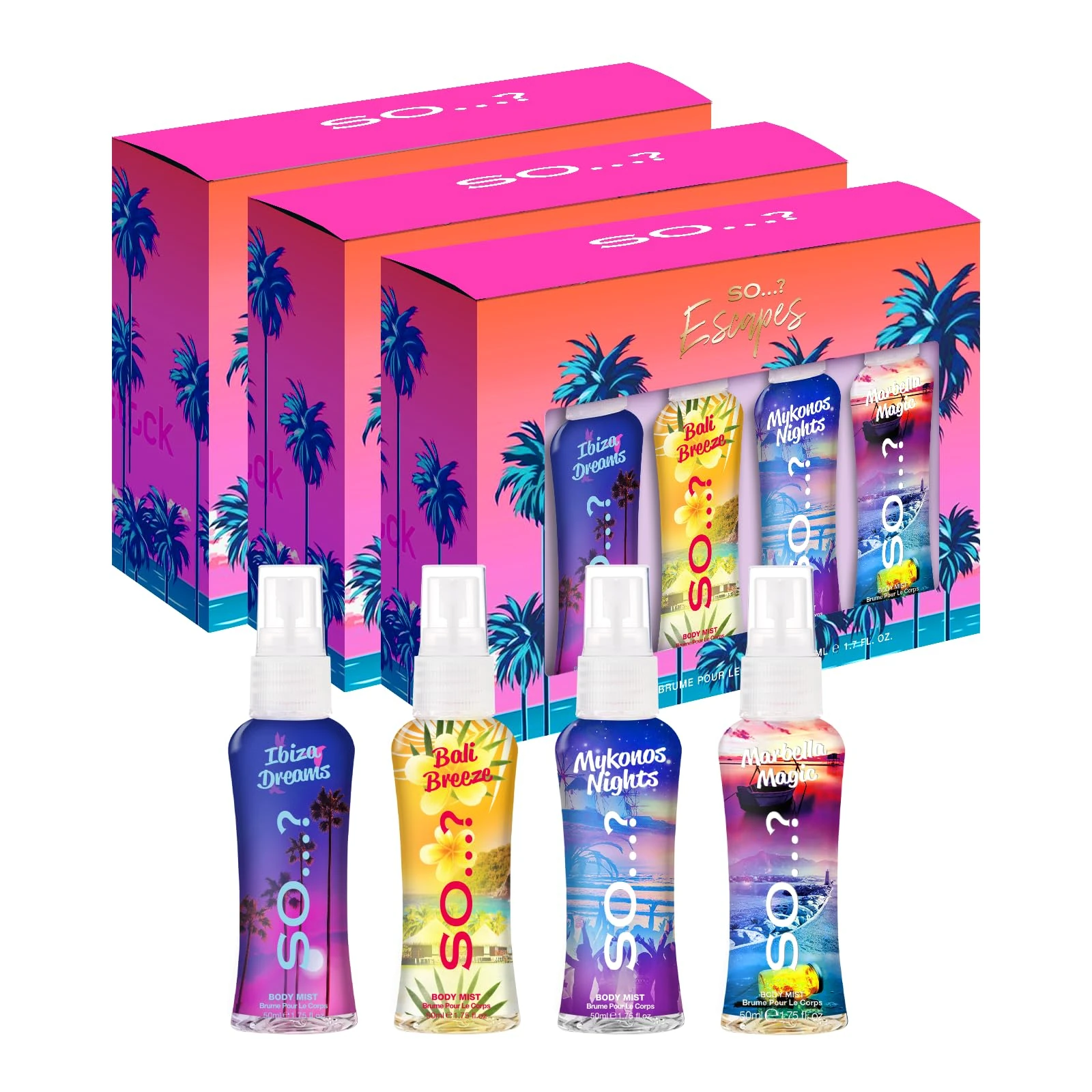 So…? Escapes Womens Gift Set, with Ibiza Dream, Bali Breeze, Mykonos Nights & Marbella Magic, Fragrance Spray Set (4 x 50ml) Pack of 3