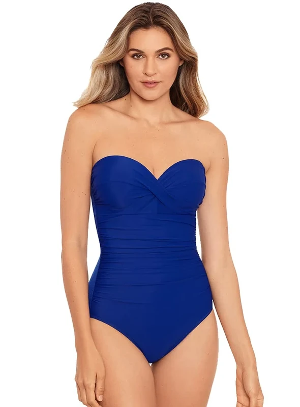 Miraclesuit Women’s Swimwear Rock Solid Madrid Bandeau Underwire Detachable Strap One Piece Swimsuit, Azul, 16