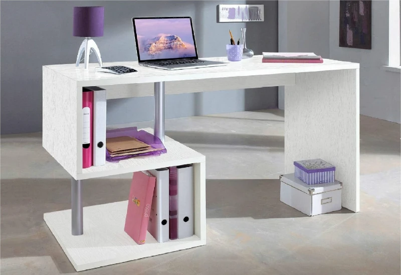 Dmora - Esse modern desk for office and study with shelf, Made in Italy, Computer table, PC desk, 140x60h75 cm, White ash color