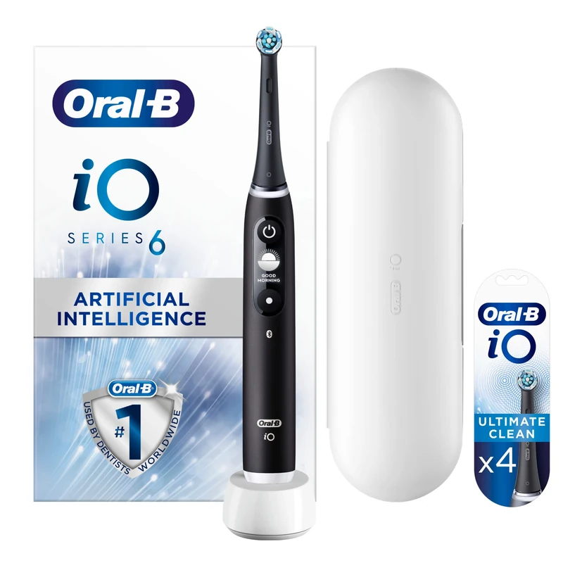 Oral-B iO6 Black Lava Ultimate Clean Electric Toothbrush + Oral-B iO Ultimate Clean Black Toothbrush Heads, Pack of 4 Counts