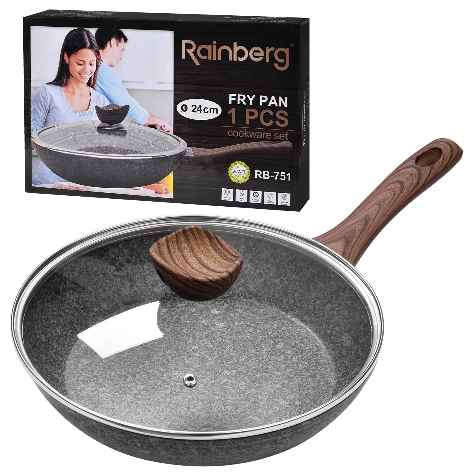 Rainberg 24CM Frying Pan with Lid, Granite Nonstick Frying Pans with Lid, Stone Frying Pan, Induction Compatible (24CM)